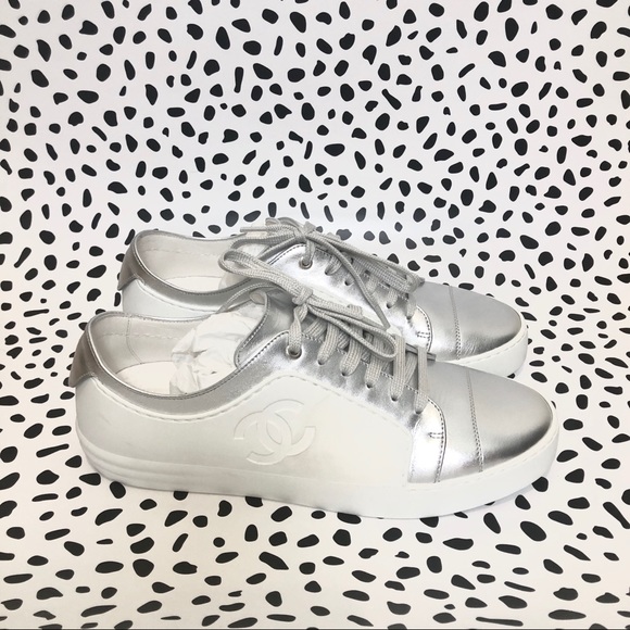 CHANEL Shoes - Chanel White/Silver Leather CC Low Top Sneakers